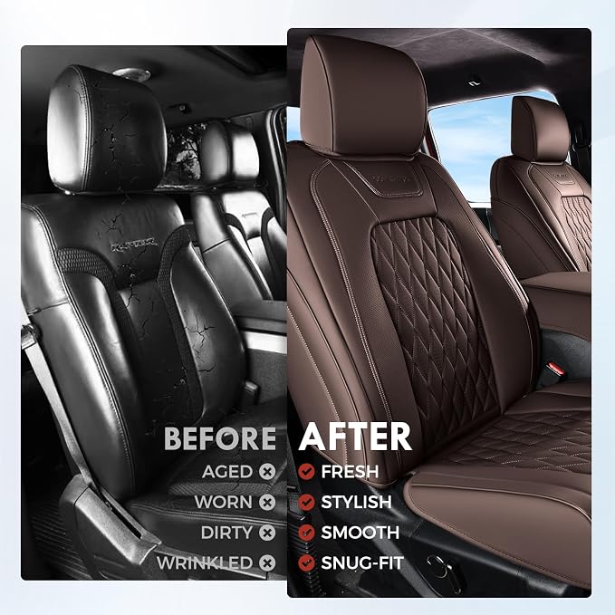 Coverado Premium Leather Front Seat Covers Waterproof Heavy-Duty Protectors Custom Fit for Ford F150 (2015-2026) F250/F350/F450 (2017-2026)-Brown, Vintage Style, Scratch-Resistant