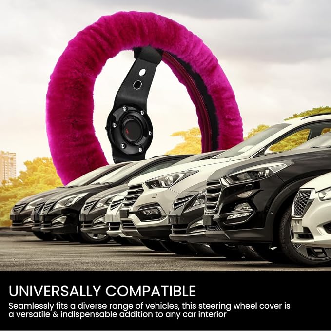 Andalus Brands Luxury Fluffy Car Steering Wheel Covers – Genuine Merino Sheepskin, Soft Fuzzy Car Steering Wheel Cover for Women, Universal 14.5-15" Size, Plush Fur Cute Auto Accessories, Hot Pink