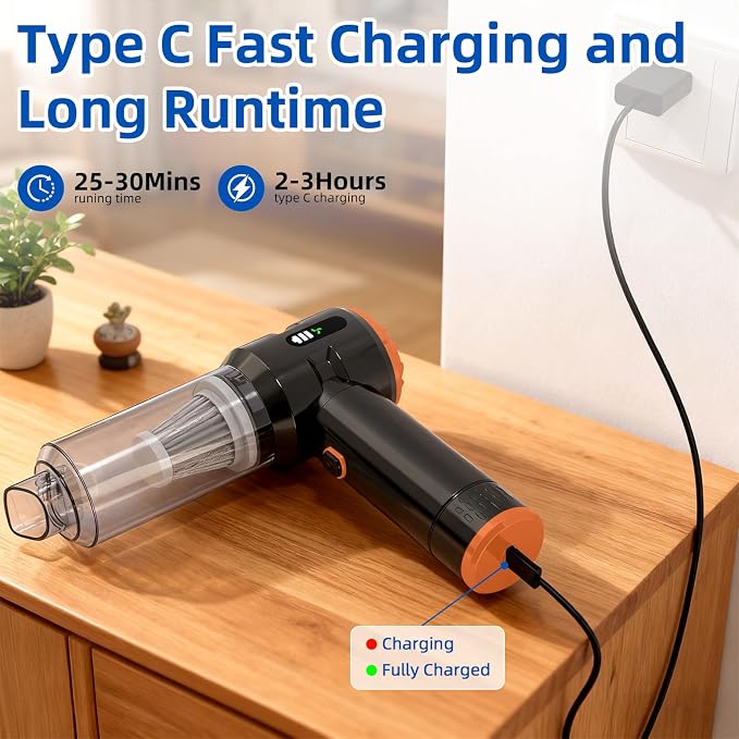 Sycoodeal Handheld Car Vacuum Cleaner, 25000PA Strong Cyclonic Suction Portable Mini Vacuum Cordless with Digital Display Lightweight Handheld for Pet Hair, Car, Home, Office, Kitchen (Orange)