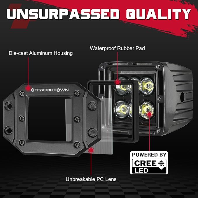 Flush Mount LED Pods, OFFROADTOWN 5'' 12,000LM CREE LED Driving Lights Reverse Backup Light Flush Light Bar Off Road Lights Work Light for Truck Pickup UTV ATV SUV Boat 4x4 Car - Combo