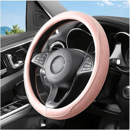 Zpana Car Steering Wheel Cover, 14.5-15" Breathable Soft Leather Vehicle Steering Wheel Protector with Anti-Slip Lining, Comfortable Auto Interior Decoration Accessories, Universal Fit (Pink)