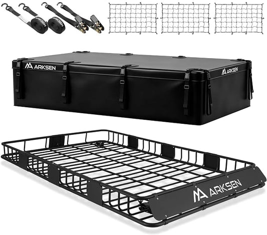 ARKSEN 84 x 50 x 6 Inch Universal Extra Wide 150LB Heavy Duty Roof Rack with 500D PVC Waterproof Cargo Bag, Nylon Cargo Nets, Ratchet Straps,Car Top Luggage Holder Carrier Basket for SUV, Truck