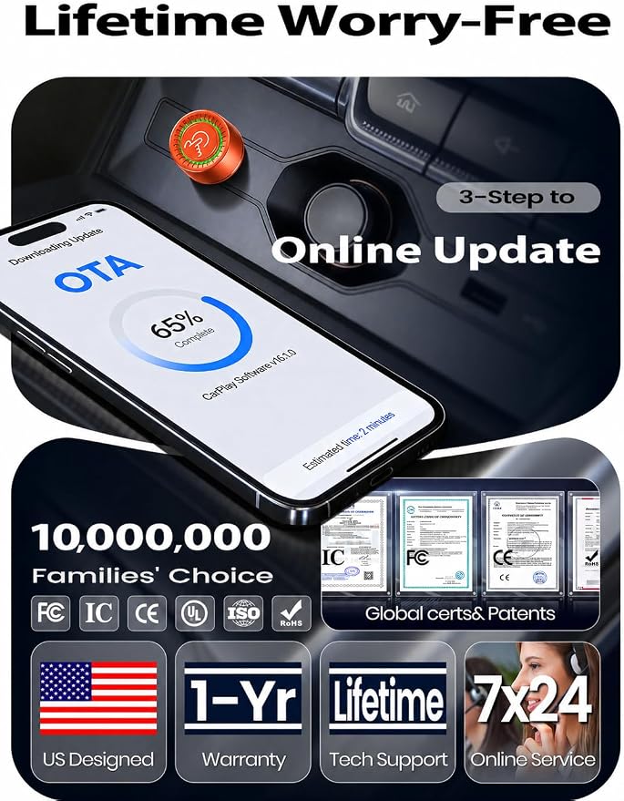 Wireless CarPlay Adapter, Fast Auto Connect, No Lag, Easy Device Switching for 2 Phones, Plug & Play, 5GHz WiFi, Compatible with iPhone 6 or Above