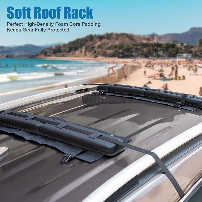 Universal Soft Roof Rack Pads 30“ Luggage Carrier System for Kayak,Surfboard, SUP, Canoe, Snowboard with 2 Tie Down Straps, 2 Tie Down Ropes, 2 Hood Loops and Storage Bag(Black)