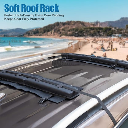 Universal Soft Roof Rack Pads 30“ Luggage Carrier System for Kayak,Surfboard, SUP, Canoe, Snowboard with 2 Tie Down Straps, 2 Tie Down Ropes, 2 Hood Loops and Storage Bag(Black)
