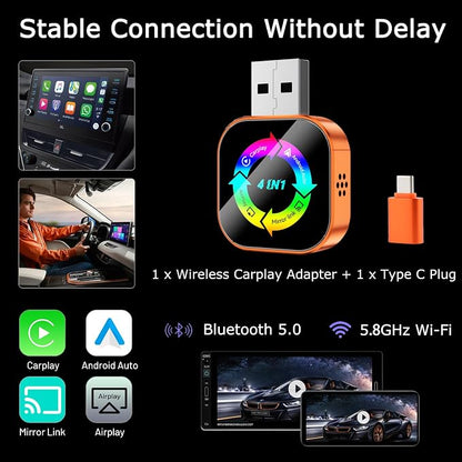 Wireless CarPlay Adapter 4-in-1,2026 Upgraded Screen Mirroring,Support Mirror Link/AirPlay for Apple CarPlay & Android Auto,for Cars with Wired CarPlay, Fast Auto-Connection, Plug & Play-Orange