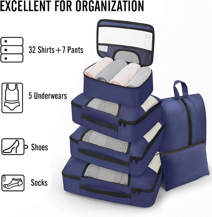 Veken 8 Set Packing Cubes for Travel Essentials,Anti-Wrinkle Buckled Suitcase Organizer for Shoe & Toiletry Bag,Carry On Luggage Bag with 99+ Count Mesh Holes for Airplane & College Dorm Accessories