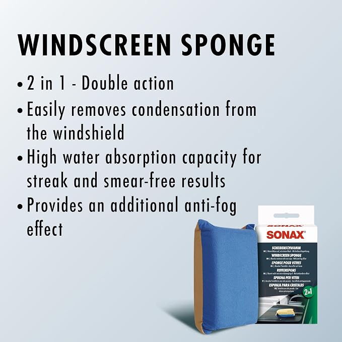 SONAX Windscreen Sponge 417100 | Dual Action Cleaning Tool for Streak Free Glass | Easily Removes Dirt Fog and Condensation from Windshields Windows and Mirrors | Compact and Reusable