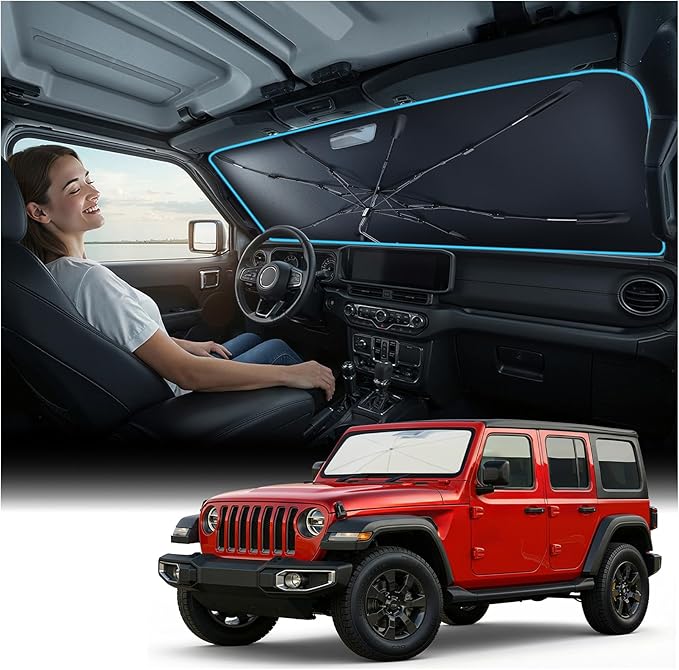 Nmoiss [Vinyl Coating Heat Shield] Windshield Sun Shade Umbrella for All Jeep Wrangler & Gladiator Accessories, Protect Car Interior from Sun Rays & Heat Damage Keep Cool