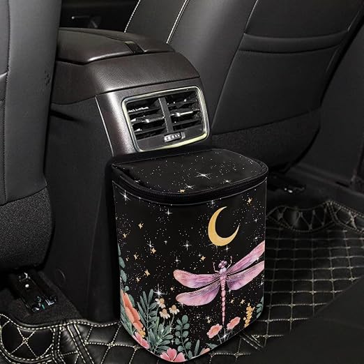 Talayituse Dragonfly Flower Moon Print Car Trash Can with Lid, Leak Proof Auto Trash Bag Hanging Vehicle Garbage Can Multipurpose Storage Container for Back Seat Road Trip