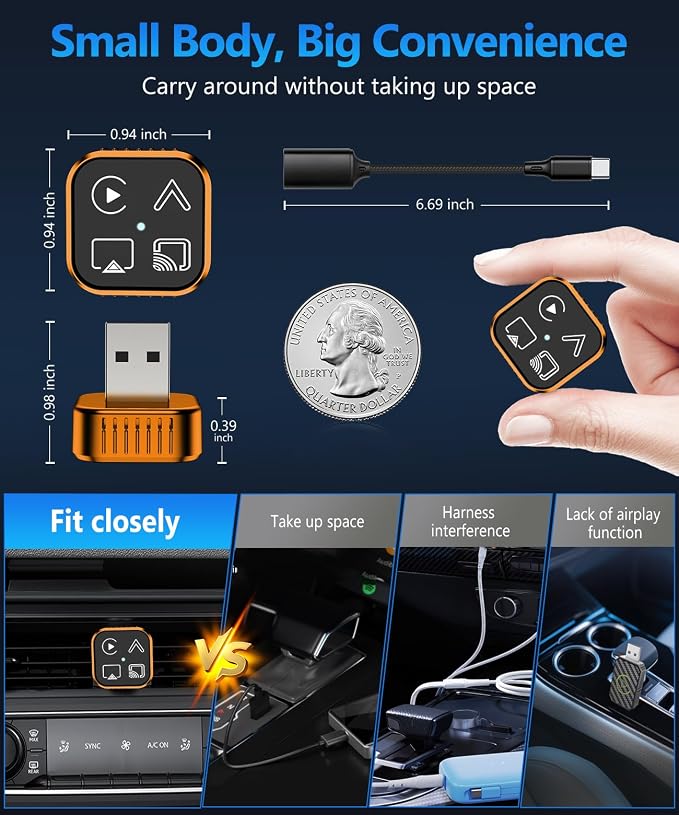 2026 4 in 1 Mini Wireless CarPlay Android Auto Adapter, Support AirPlay MirrorLink, Convert Wired to Wireless, Auto Connect for Daily Commute, Plug and Play Dongle (Orange)