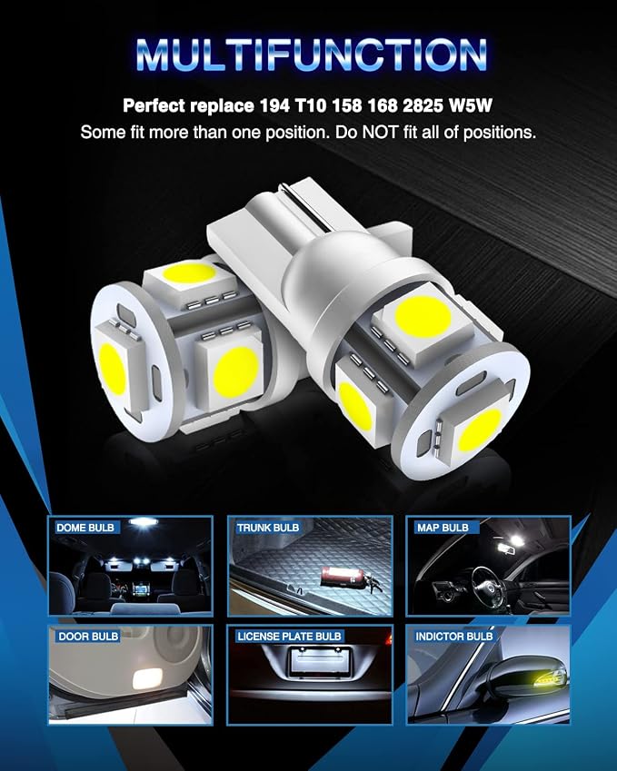 Marsauto 194 LED Bulb 6000K White 168 T10 2825 W5W 5SMD Replacement Bulbs for Car Dome Map Door Courtesy Side Marker Reading Glove Box License Plate Lights (Pack of 10)(Clear Lens Side Marker)