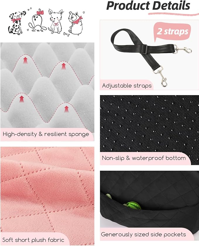Lealchum Dog Booster Car Seat for Small/Medium Dogs,Puppy Portable Car Bed with Elevated Cushion,Fully Detachable and Washable,2 Storage Pockets,Easy to Install (Black/Pink, Medium)