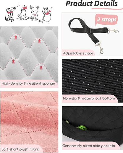 Lealchum Dog Booster Car Seat for Small/Medium Dogs,Puppy Portable Car Bed with Elevated Cushion,Fully Detachable and Washable,2 Storage Pockets,Easy to Install (Black/Pink, Medium)