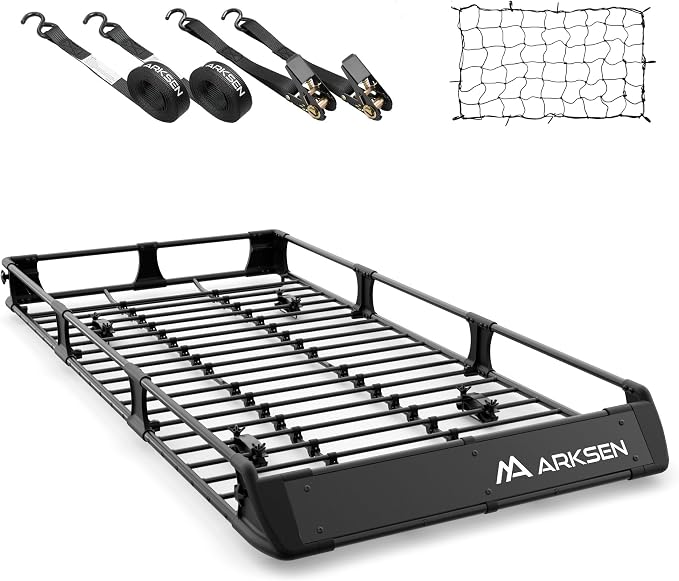 ARKSEN 2-in-1 Foldable Fairing Roof Rack Cargo Basket with Net & Straps, 82" x 39" Heavy Duty Steel Rooftop Carrier, 250 lbs Max Load, Fits SUV Truck Pickup for Kayaks, Canoes & Luggage