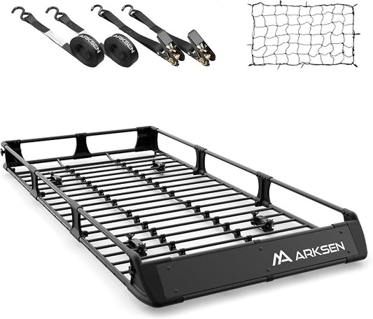 ARKSEN 2-in-1 Foldable Fairing Roof Rack Cargo Basket with Net & Straps, 82" x 39" Heavy Duty Steel Rooftop Carrier, 250 lbs Max Load, Fits SUV Truck Pickup for Kayaks, Canoes & Luggage