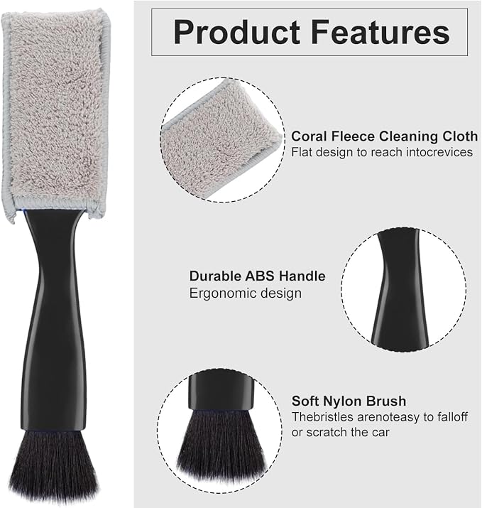 Double Head Brush for Car Clean, Car Brushes for Detailing Interior, Double Ended Portable Dust Brush, Suitable for Vents, Dashboards, Buttons, Console Gaps, Nylon Bristles and Coral Velvet, Black
