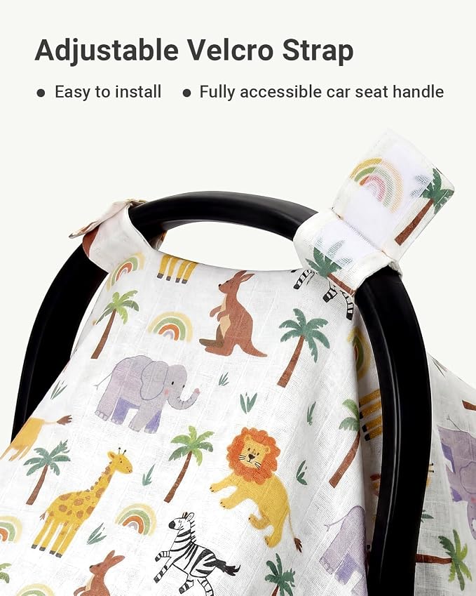 Rquite Baby Boy Car Seat Cover, 100% Muslin Cotton Infant Carseat Canopy, Soft Breathable Stroller Sun Shade & Newborn Shower Gift, Large Size Universal Fit Summer, Hot & Warm Weather (Forest Animals)