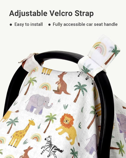 Rquite Baby Boy Car Seat Cover, 100% Muslin Cotton Infant Carseat Canopy, Soft Breathable Stroller Sun Shade & Newborn Shower Gift, Large Size Universal Fit Summer, Hot & Warm Weather (Forest Animals)