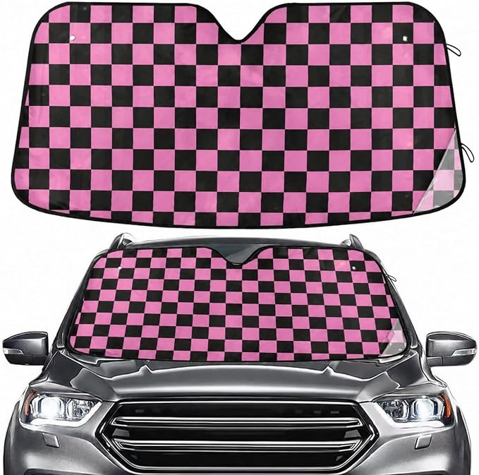 Checkerboard Pink Black Squares Windshield Sun Shade for Car Auto SUV Truck Foldable Front Window Sunshade Sun Visor Protector Block UV Rays Reflect Heat, 55" x 28"