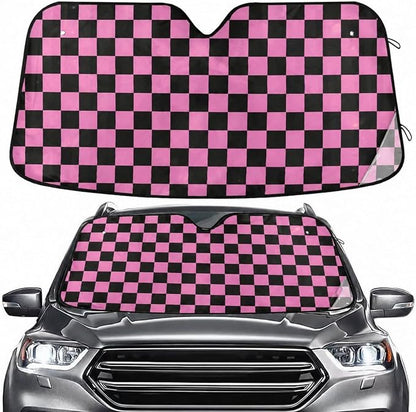 Checkerboard Pink Black Squares Windshield Sun Shade for Car Auto SUV Truck Foldable Front Window Sunshade Sun Visor Protector Block UV Rays Reflect Heat, 55" x 28"