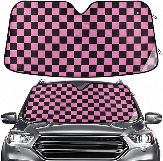 Checkerboard Pink Black Squares Windshield Sun Shade for Car Auto SUV Truck Foldable Front Window Sunshade Sun Visor Protector Block UV Rays Reflect Heat, 55" x 28"