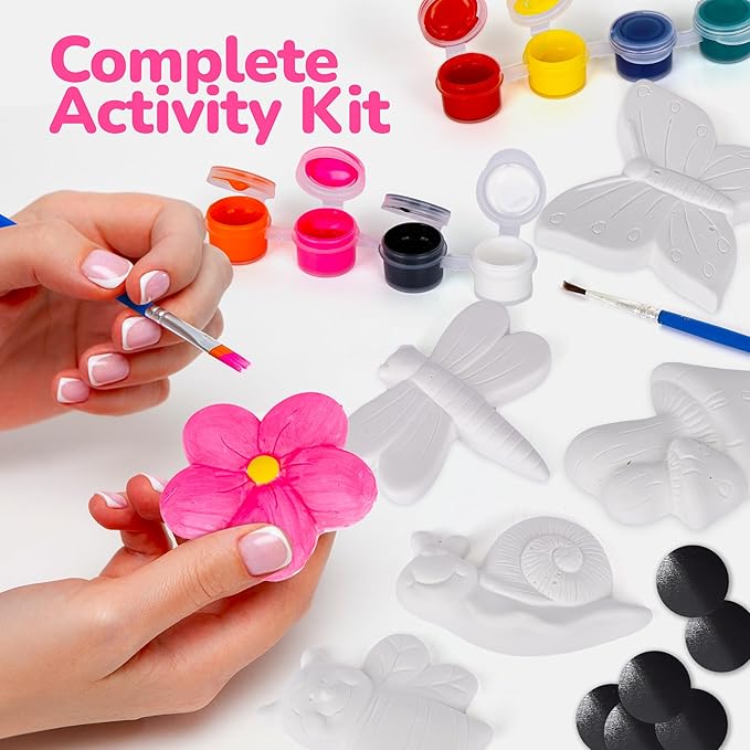 ArtCreativity Seasonal Ceramic Painting Kit for Kids – 6 Garden Plaster Figurines, 2 Paint Sets, 2 Brushes and 6 Magnets - 8 Unique Paint Colors - Toddlers' Spring Painting Craft - Summer Crafts 4-8