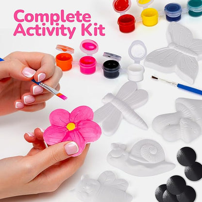 ArtCreativity Seasonal Ceramic Painting Kit for Kids – 6 Garden Plaster Figurines, 2 Paint Sets, 2 Brushes and 6 Magnets - 8 Unique Paint Colors - Toddlers' Spring Painting Craft - Summer Crafts 4-8