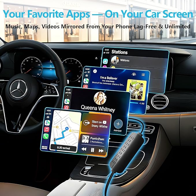 Wireless CarPlay Adapter with Screen Mirroring for Net-Flix YouTube TikTok, Auto-Connect, Local Media Playback，USB-A USB C Plug and Play,