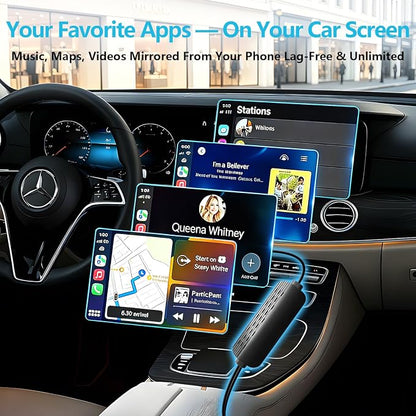Wireless CarPlay Adapter with Screen Mirroring for Net-Flix YouTube TikTok, Auto-Connect, Local Media Playback，USB-A USB C Plug and Play,