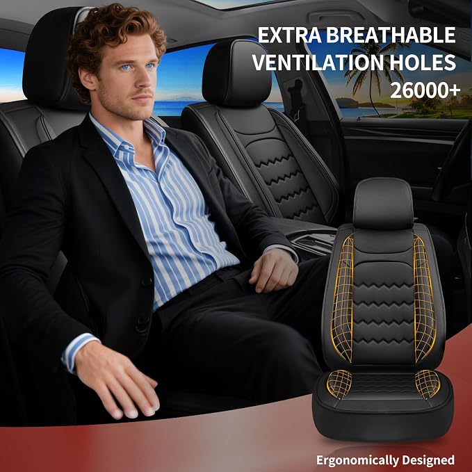 Car Seat Covers Fit for Ford Mustang Mach-E 2021-2026, Full Coverage Leather Waterproof Breathable Seat Covers Full Set, Automotive Seat Protectors, Airbag Compatible (2 Front Seats, Black)