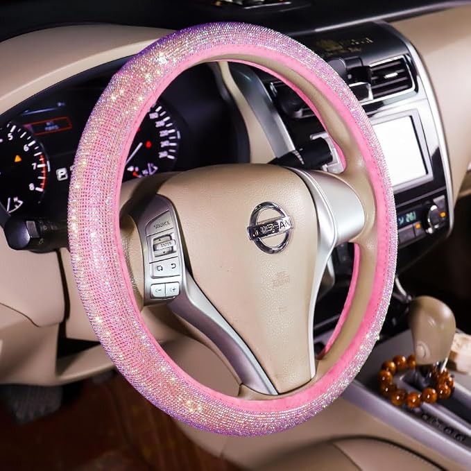 Carwales Car Steering Wheel Cover Pink for Women Girls Cute Bling Accessories 15 Inch Universal Colorful Crystal Rhinestone Diamond Rainbow Anti-Slip Wheel Protector