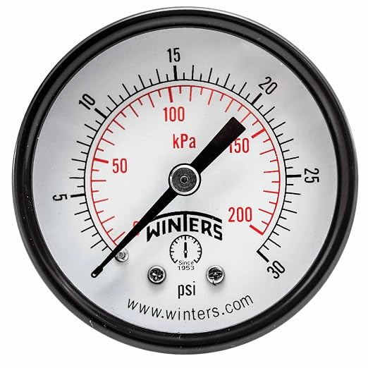 Winters 2 inch Dial Size, Multi Function Application Economy Utility Dry Pressure Gauge, Brass Internals, Steel Case, Dual Scale 0-30 psi/kPa, 3-2-3% Accuracy, 1/4 inch NPT Back Mount, Pressure Gauge