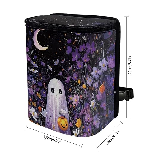 Ghost Daisy Flower Moon Pattern Car Trash Can Leakproof Garbage Bag with Lid and Zipper 1.2Gal Trash Bin Hanging for Back Seat Halloween Car Accessories Universal Fit
