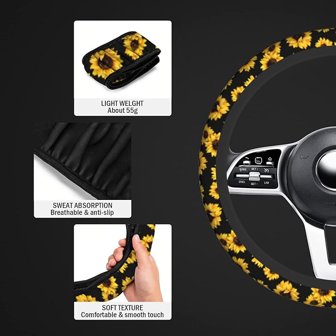 Steering Wheel Cover Sunflower Steering Wheel Cover Car Accessories Universal 15 Inch Neoprene Auto Interior Decor Anti Slip Sweat Absorption Car Protector for Women Girls Adults