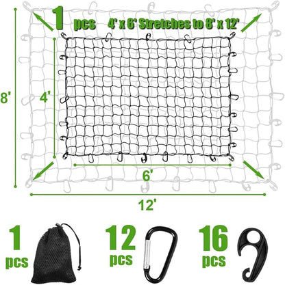 4' x 6' Cargo Net Stretches to 6' x 12', Heavy Duty Cargo Netting for Pickup Truck Bed, Roof Rack Net with Hooks Carabiners