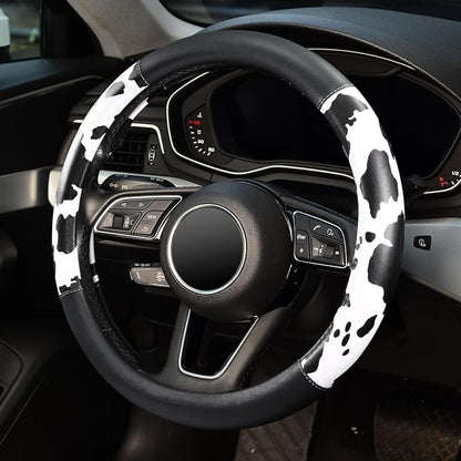 ZHOL Cow Print Steering Wheel Cover, Universal Fit 14.5-15 inch Premium Microfiber Leather Steering Wheel Protector for Cars/Trucks/SUVs, Non-Slip, Heat-Resistant, Easy Install, Black