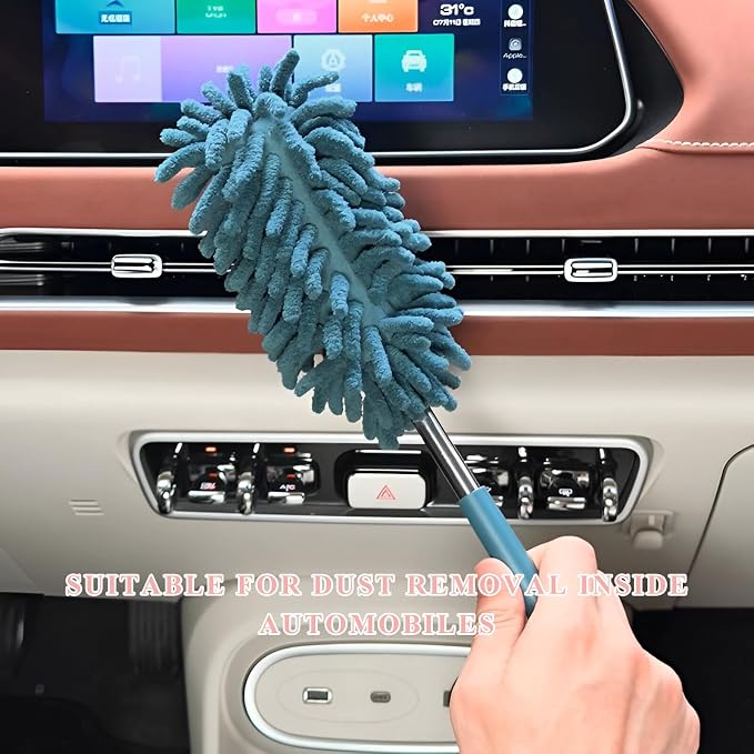 2PCS Car Interior Duster with Extension Pole, 11.8" to 30.5" Retractable Dusters Auto Dash Cleaning Tool, Soft Chenille Hand Washable Dusters for Car Window Furniture Office (Navy Blue)