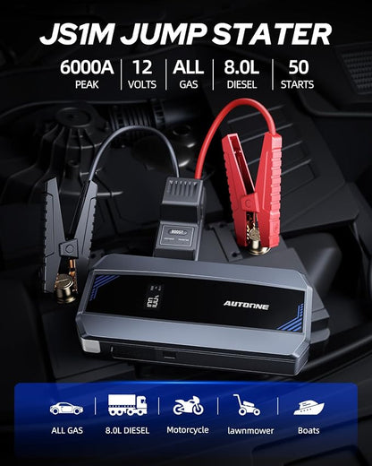 AUTOONE Car Jump Starter 6000A Battery Booster, Portable Battery Pack for All Gas 10L Diesel, 12V Jump Box with Smart Jumper Cable for Car Battery, Vehicle Lithium Starter, LCD Display, w/LED Light