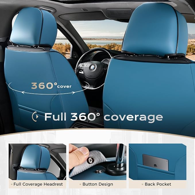 Coverado Car Seat Covers, Front Covers for Cars, Car Seat Cover Front Seats, Automotive Seat Cover, Waterproof, Leather Car Seat Cushion, Universal Interior Covers Seat Protectors for Most Cars Blue