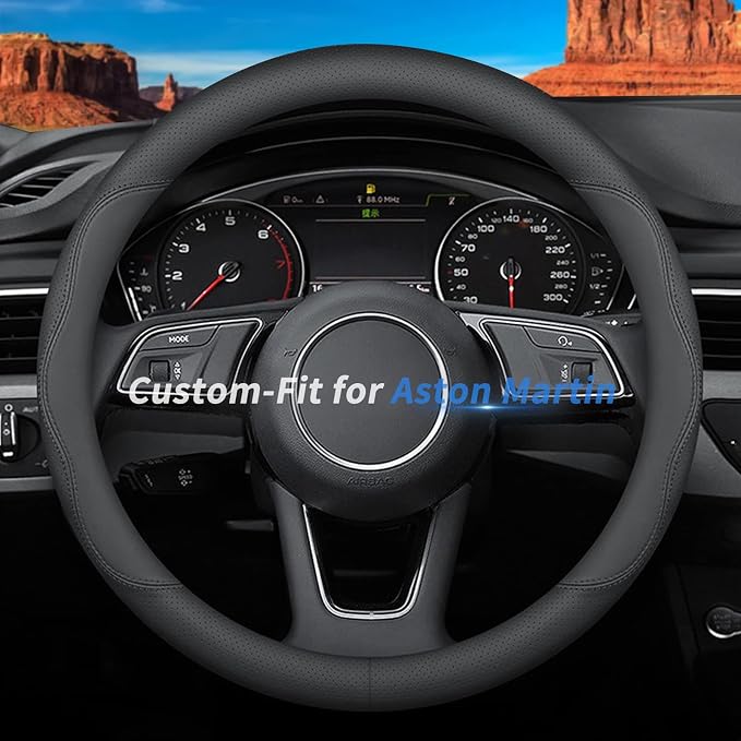 Custom-Fit Premium Leather Steering Wheel Cover with Logo, Non-Slip, Breathable, for Aston Martin (B-Style)