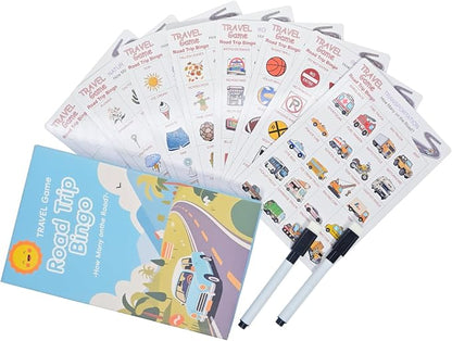 Road Trip Bingo Travel Game for Kids | 8 Double-Sided Cards, 14 Themed Categories, Car Activities