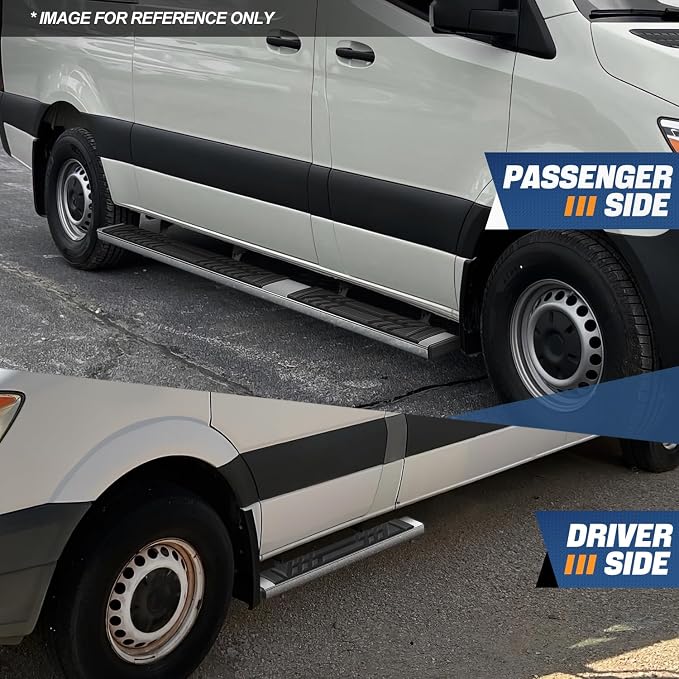 Auto Dynasty Running Boards Compatible with 2007-2024 Dodge Mercedes-Benz Freightliner Sprinter 2500 3500 Full Size Cargo Van, Stainless Steel Side Step Rail Nerf Bars, 6.5" x 36" Left / 96" Right