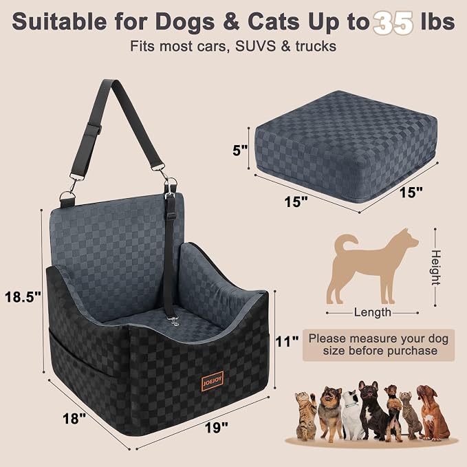 JOEJOY Elevated Dog Car Seat for Small/Medium Dogs up to 35 lbs, Memory Foam Booster Seat with Detachable Washable Cover, Travel-Safe Car Bed with Safety Belts & Storage Pockets, Dark Grey
