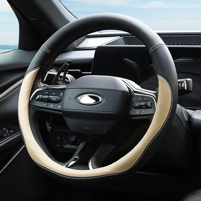 Valleycomfy Microfiber Leather Steering Wheel Cover Large-Size for F150 F250 F350 Ram 4Runner Tacoma Tundra Range Rover Model S X with 15 1/2 inches-16 inches Outer Diameter Beige
