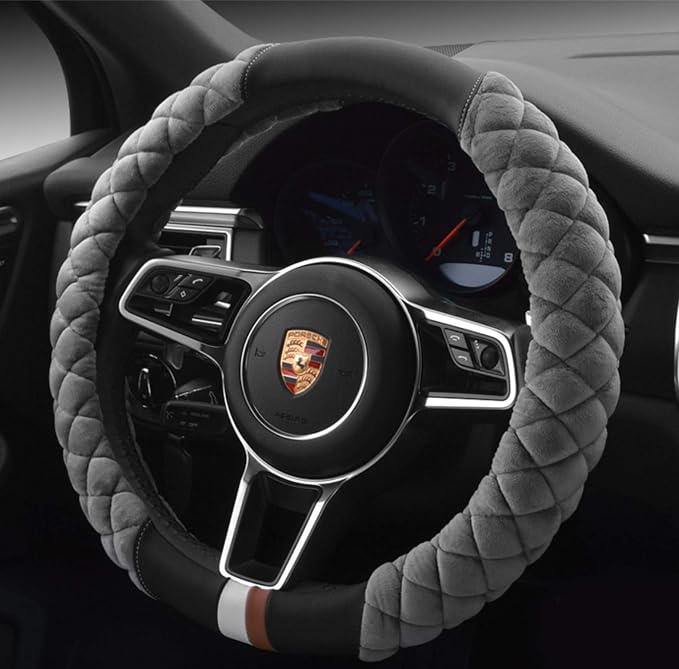 HAOKAY Luxury Fluffy Steering Wheel Cover for Men Women,Soft Warm Short Plush Steering Wheel Cover Gray Fuzzy with Universal 14.5-15 Inch