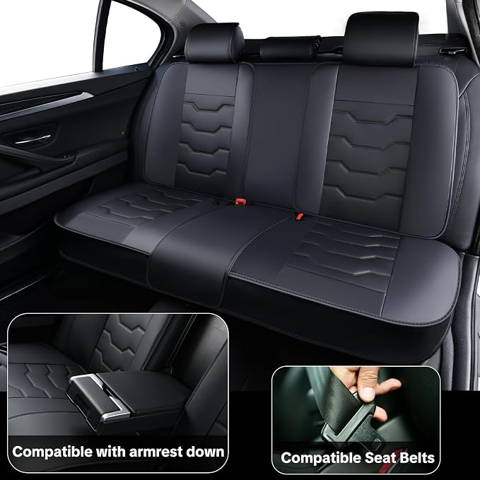 Black Car Seat Covers Complete Set, Universal Car Seat Covers for Cars, Premium Waterproof Leather, Protect & Upgrade Car Interiors, Airbag Compatible, Easy to Install & Clean Up
