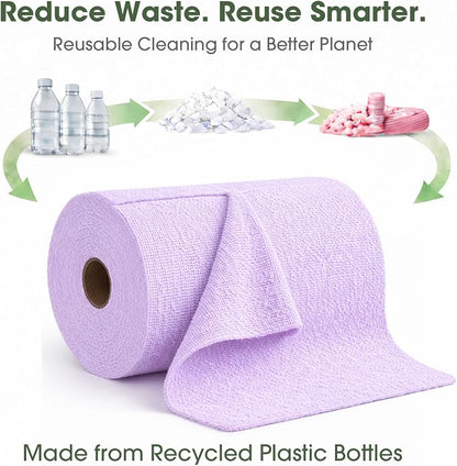 Microfiber Cleaning Cloth Roll - 100 Pack Tear Away Microfiber Paper Towels, Reusable, Washable, Scratch-Free, Kitchen Towels for Car, Home, Kitchen, Glass, Dishes (Light Purple)