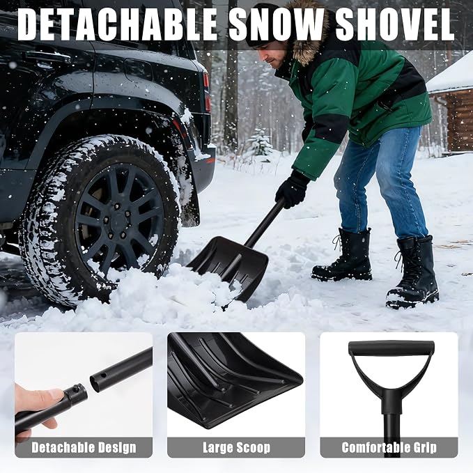 Roadside Emergency Car Kit Winter Road Trip Assistance Vehicle Safety Kit with Air Comperss, Detachable Snow Shovel, Jumper Cables, Tow Strap