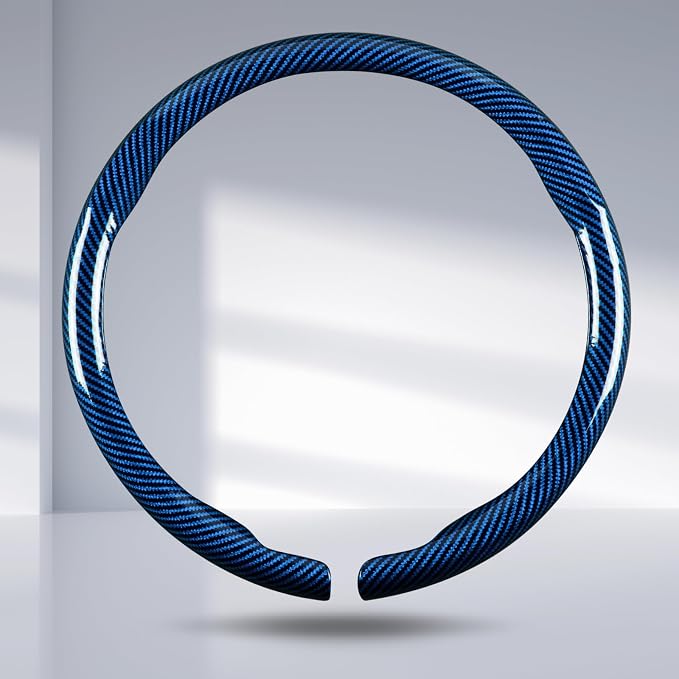 Car Steering Wheel Cover Carbon Fiber Snap On Steering Wheel Accessories Wrap 14.5-15 inch Universal Grip Anti-Skid Protector, Glossy Blue